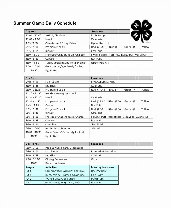 Camp Schedule Template Fresh Daily Schedule Template 9 Free Word Pdf Documents