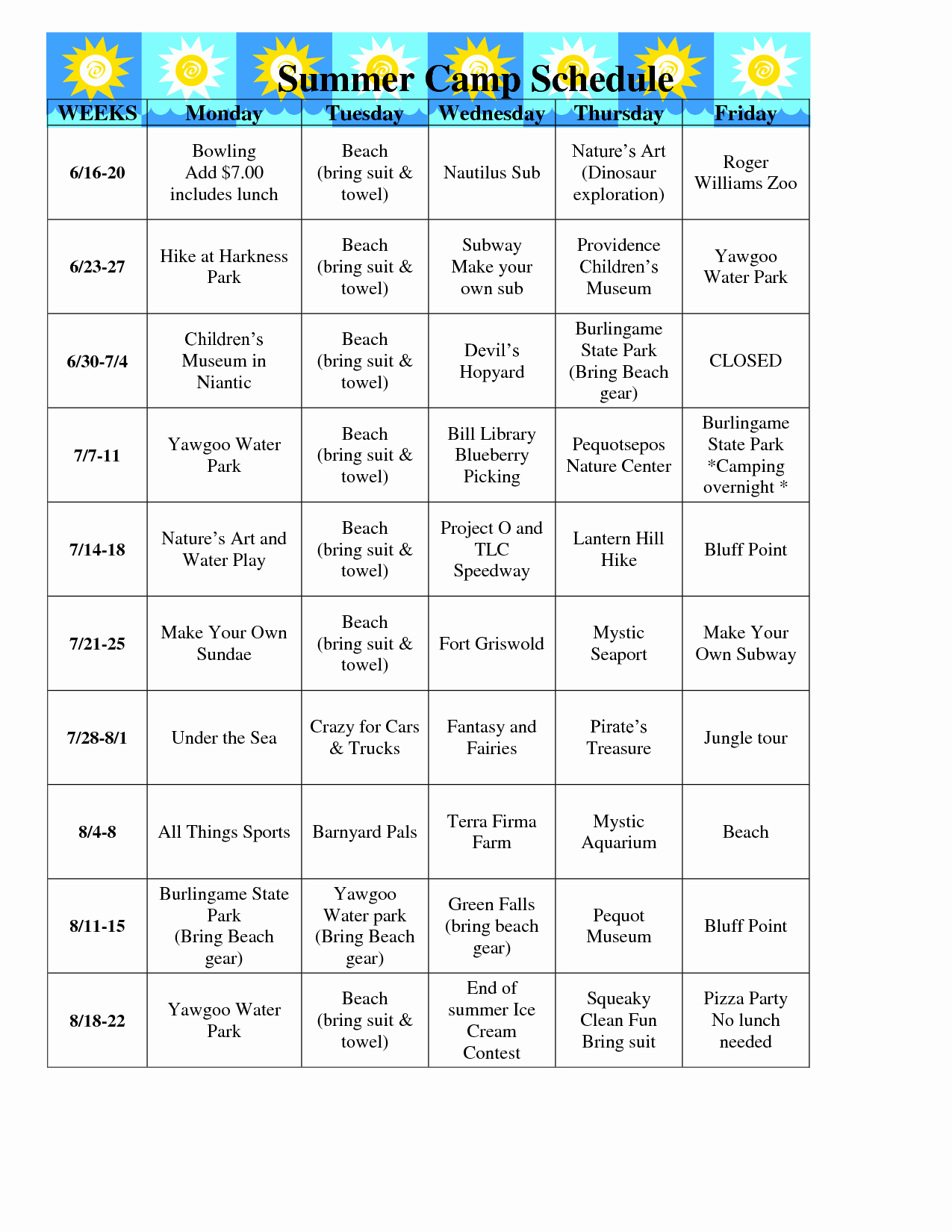 Camp Schedule Template Luxury Summer Camp Schedule Template Schedule