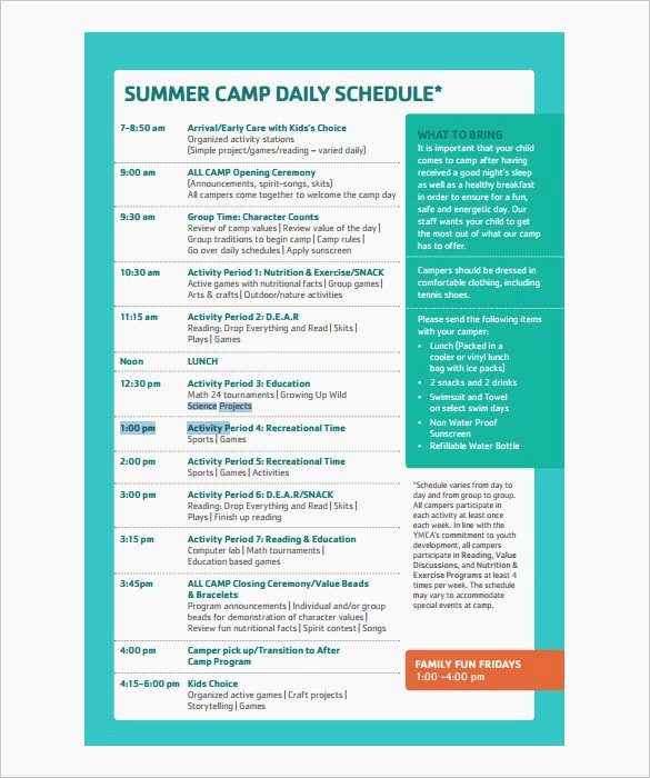 Camp Schedule Template New Camp Program Ideas – Dailypoll