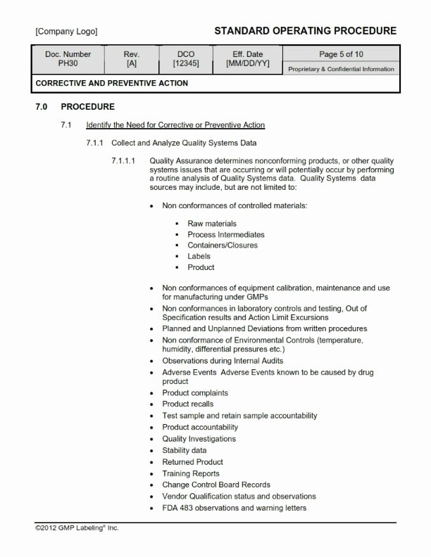 Capa Report Template Awesome Corrective &amp; Preventive Action sop Template Ph30 Gmp Qsr