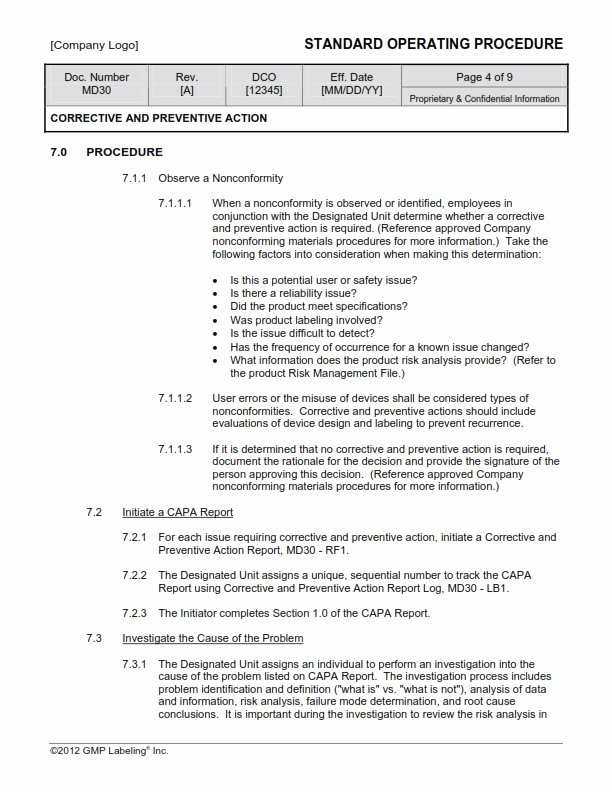 Capa Report Template Awesome Corrective &amp; Preventive Action sop Templates Md30 Gmp