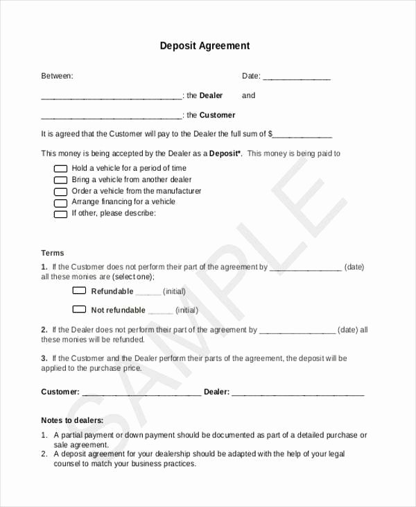 Car Deposit Agreement Best Of Sample Deposit Contract forms 7 Free Documents In Word Pdf