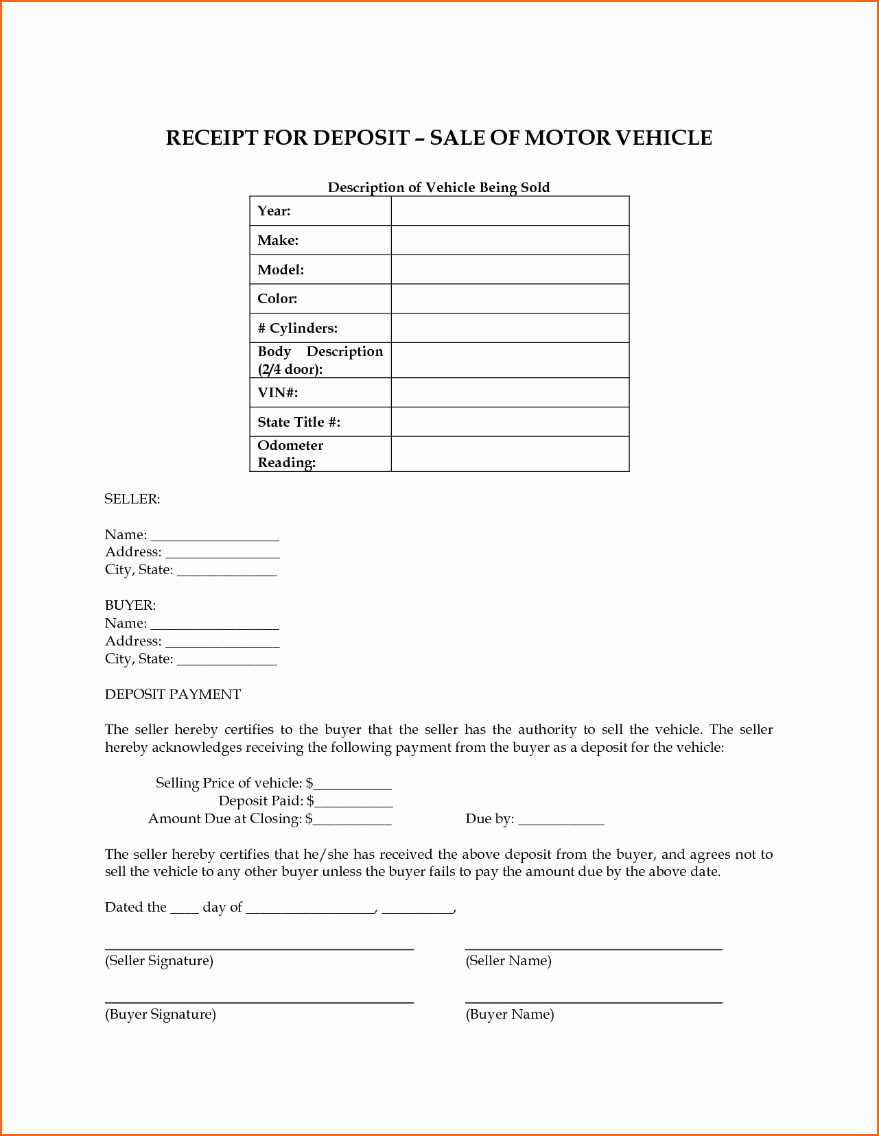 Car Deposit Agreement Lovely Vehicle Sale Receipt Template Australia