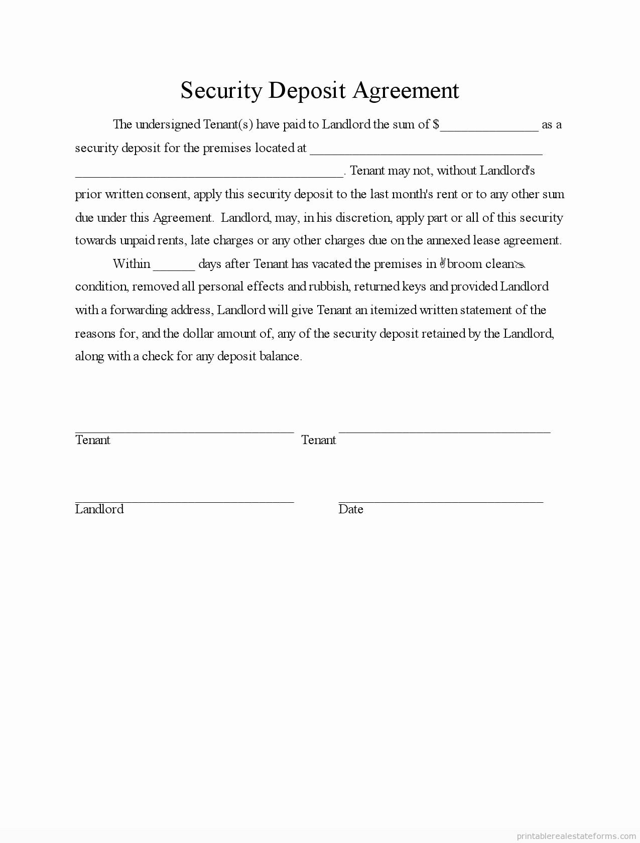 Car Deposit Contract Luxury Sample Printable Security Deposit Agreement form