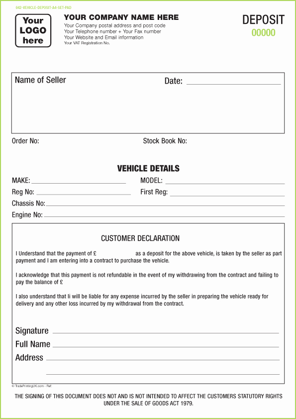 Car Deposit Contract New Vehicle Appraisal Pad Templates Ncr Pad