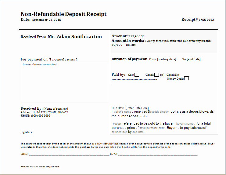 Car Deposit Contract Template Beautiful Non Refundable Deposit Receipt Template