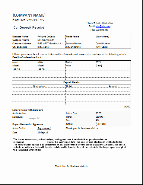 Car Deposit Contract Template Best Of Car Deposit Receipt for Excel