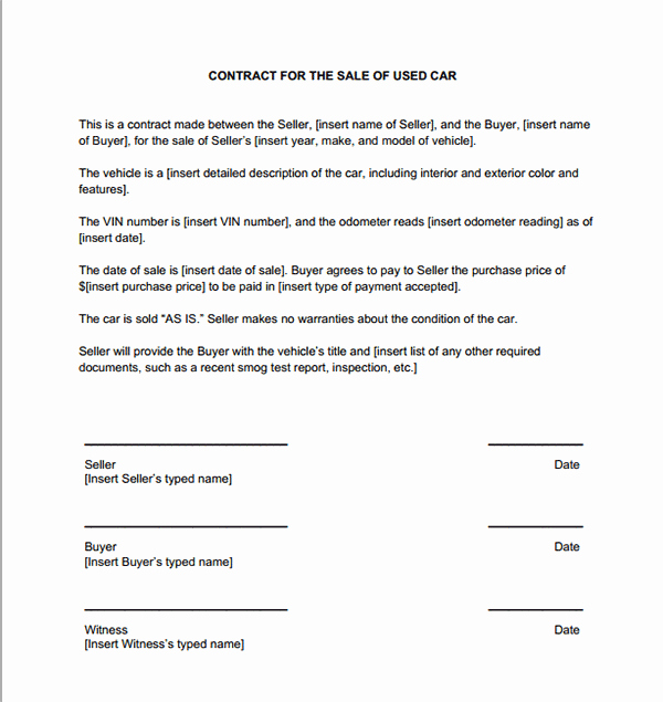 Car Deposit Contract Template Lovely Used Car Sales Contract