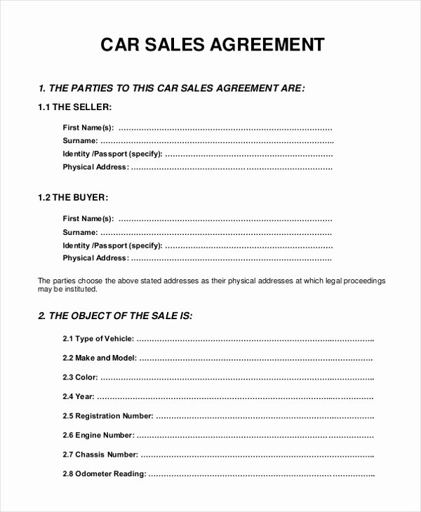 Car Sale Contract Template Awesome 10 Sample Sales Agreement forms Free Sample Example