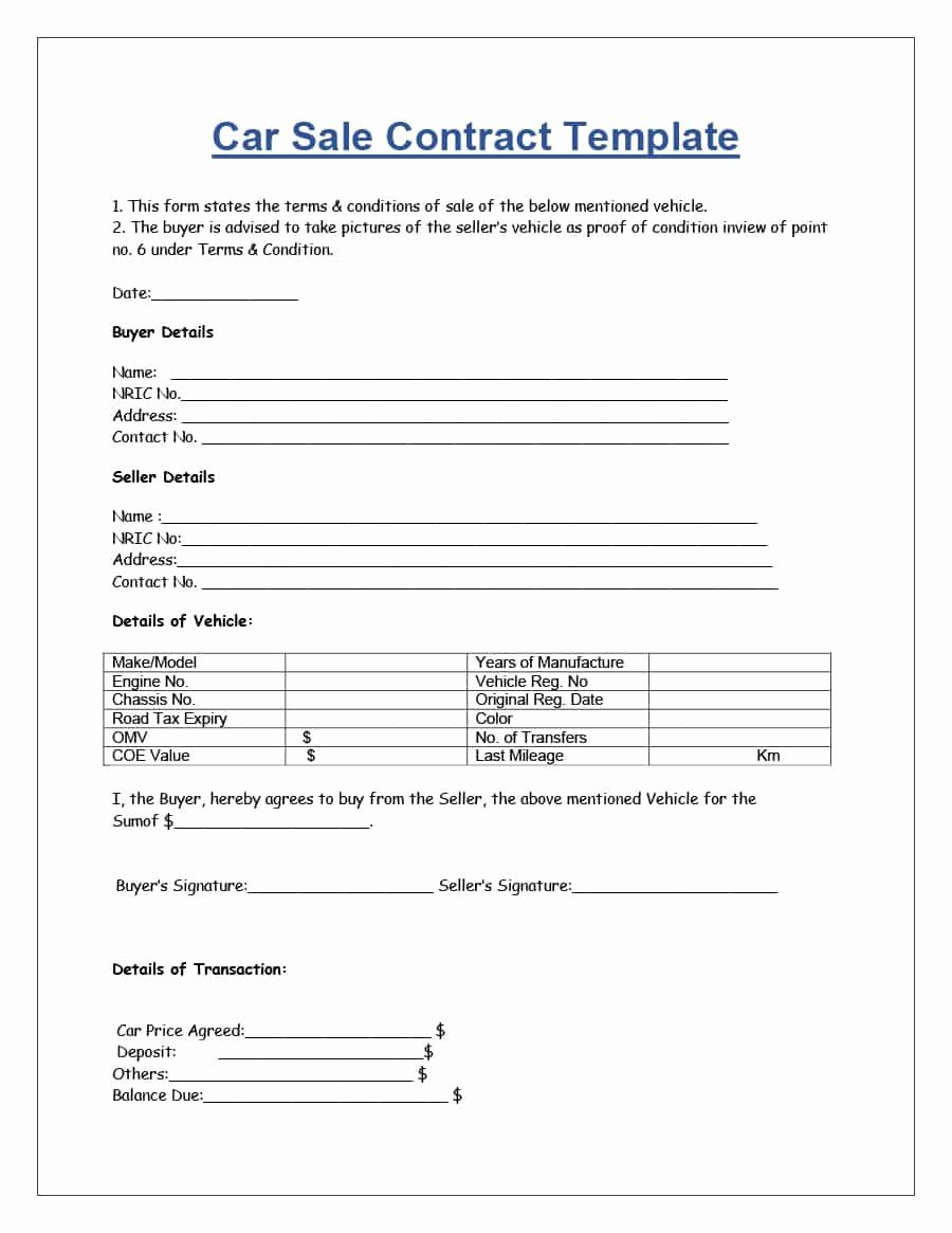 Car Sale Contract Template Luxury 42 Printable Vehicle Purchase Agreement Templates