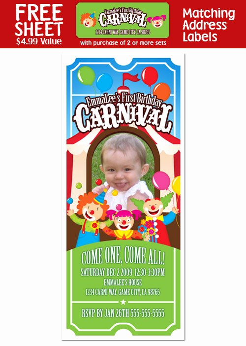 Carnival Ticket Birthday Invitations Beautiful 6 Carnival Circus Clown Birthday Ticket Invitations