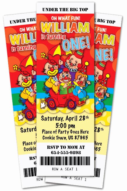 Carnival Ticket Birthday Invitations Inspirational Circus Clown 1st Birthday Party Invitation Ticket Stub