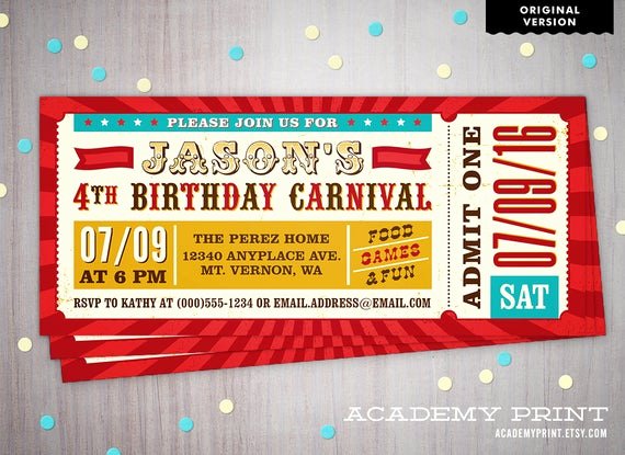 Carnival Ticket Invitation Luxury Printable Children S Birthday Carnival Ticket Invitation