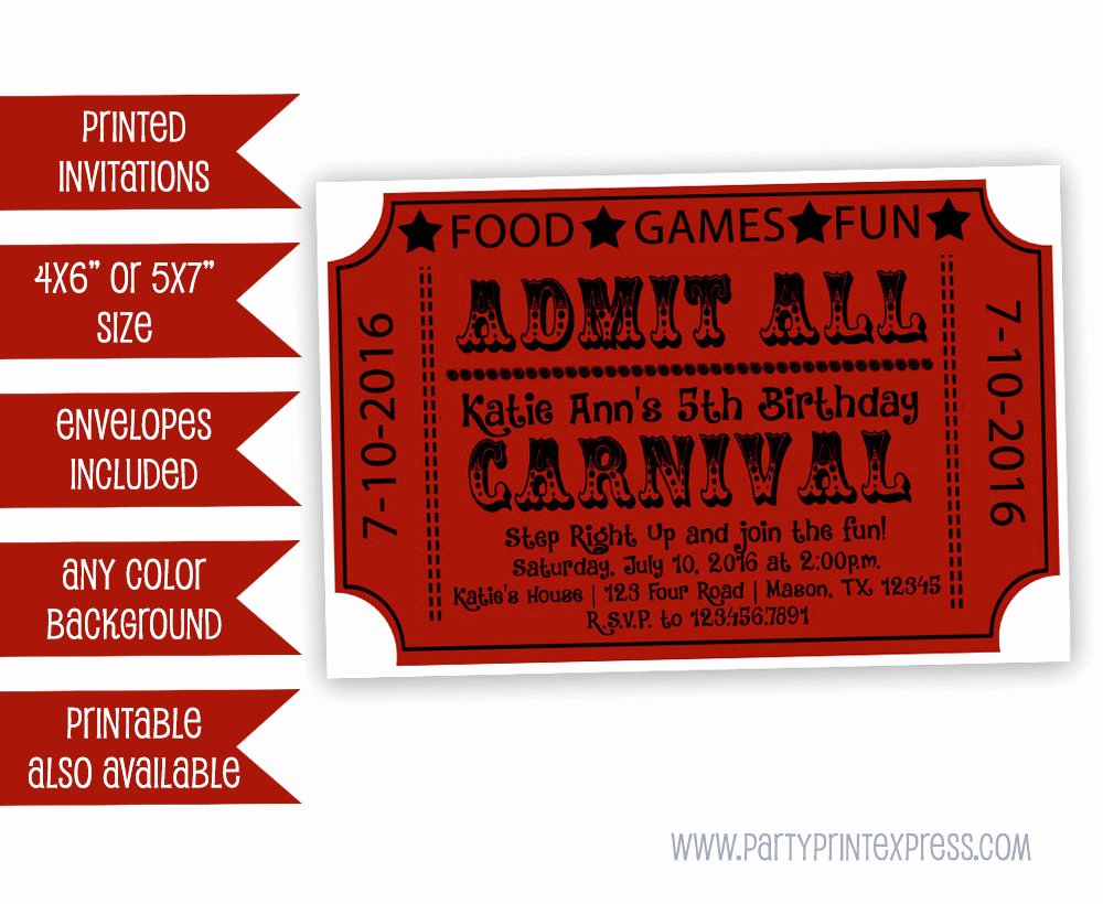 Carnival Ticket Invitations Beautiful Carnival Ticket Invitations Carnival Birthday Invitation