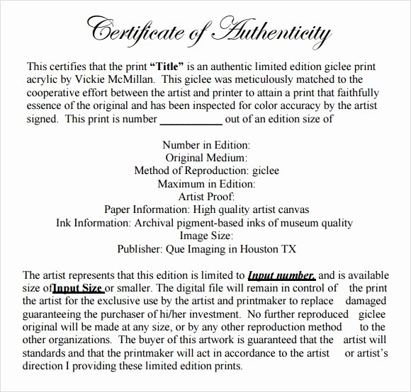 Certificate Of Authenticity Template Fresh Sample Certificate Of Authenticity Template 9 Free