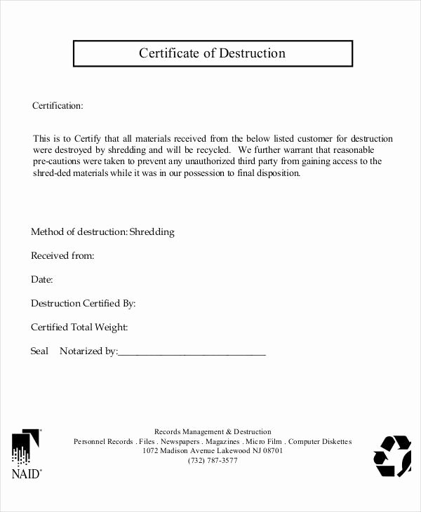 Certificate Of Data Destruction Template Inspirational Certificate Destruction Template Word Free Templates In