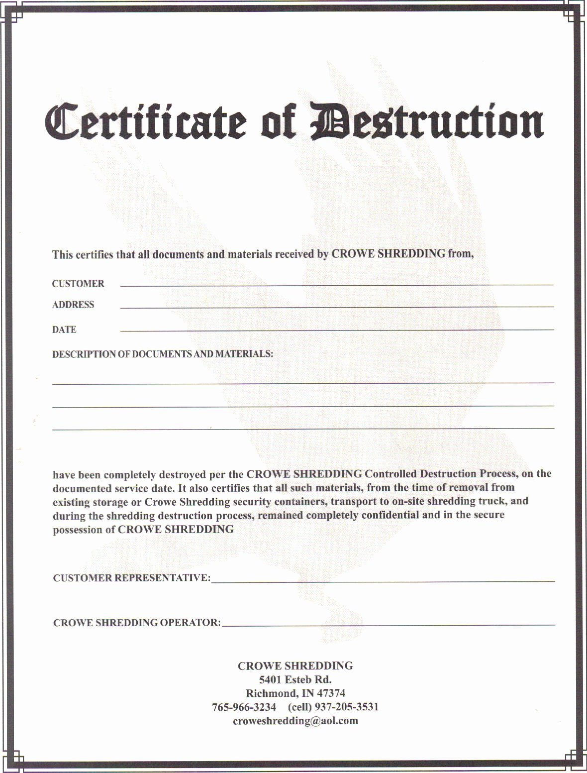 Certificate Of Data Destruction Template Inspirational Certificate Of Destruction 2011 Crowe Shredding