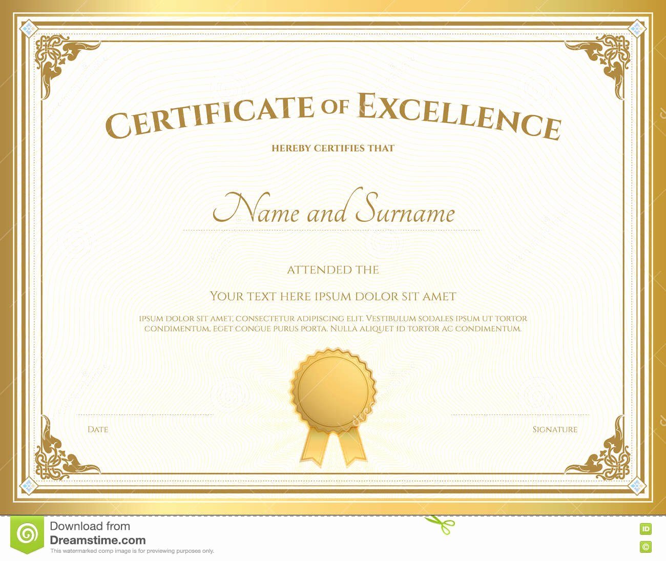 Certificate Of Excellence Template Elegant Certificate Excellence Template with Gold Border Stock