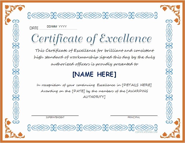 Certificate Of Excellence Template Elegant Certificates Of Excellence for Ms Word