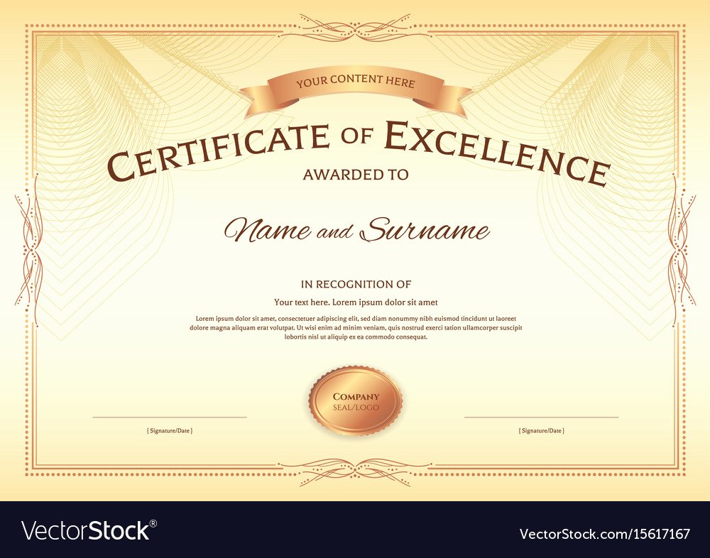 Certificate Of Excellence Template Lovely Certificate Of Excellence Template with Award Vector Image