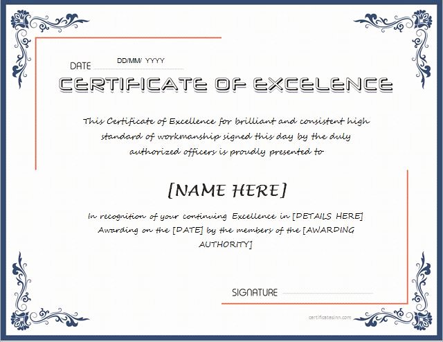 Certificate Of Excellence Template Unique Certificates Of Excellence for Ms Word