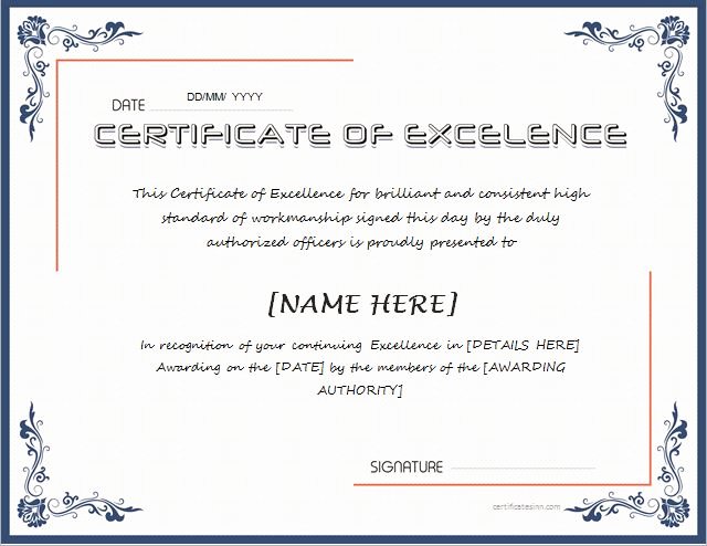 Certificate Of Excellence Template Unique Certificates Of Excellence for Ms Word