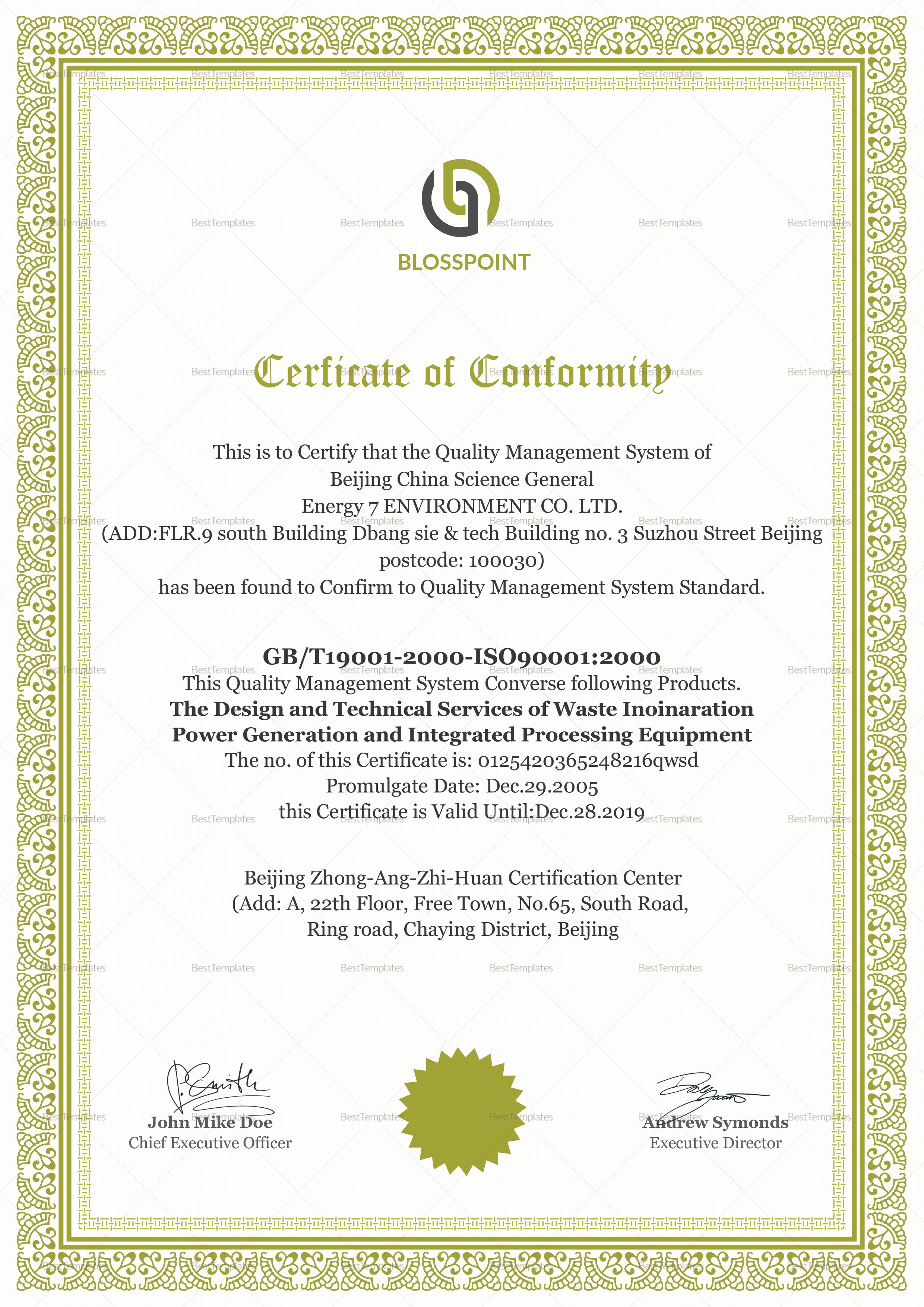 Certificate Of Quality Template Unique Simple Conformity Certificate Design Template In Psd Word