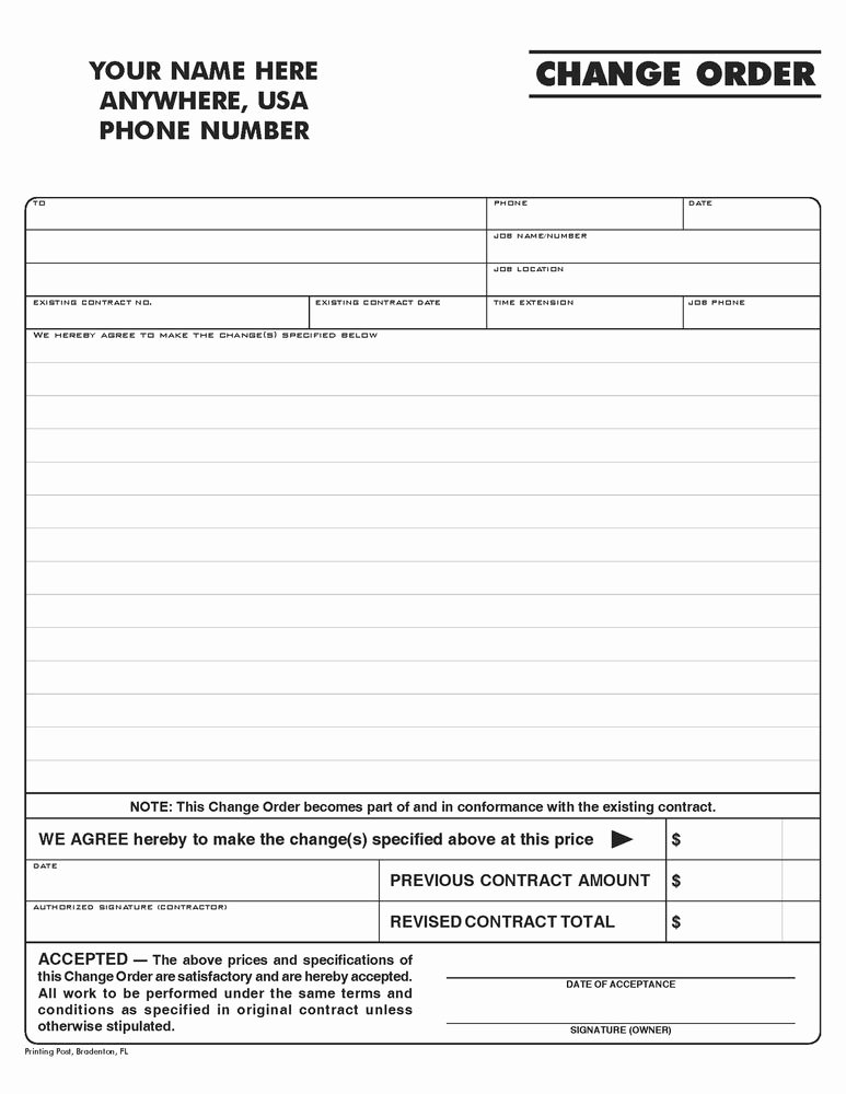 Change order Template Word New 100 2 Part Ncr Carbonless form Contractor Change order