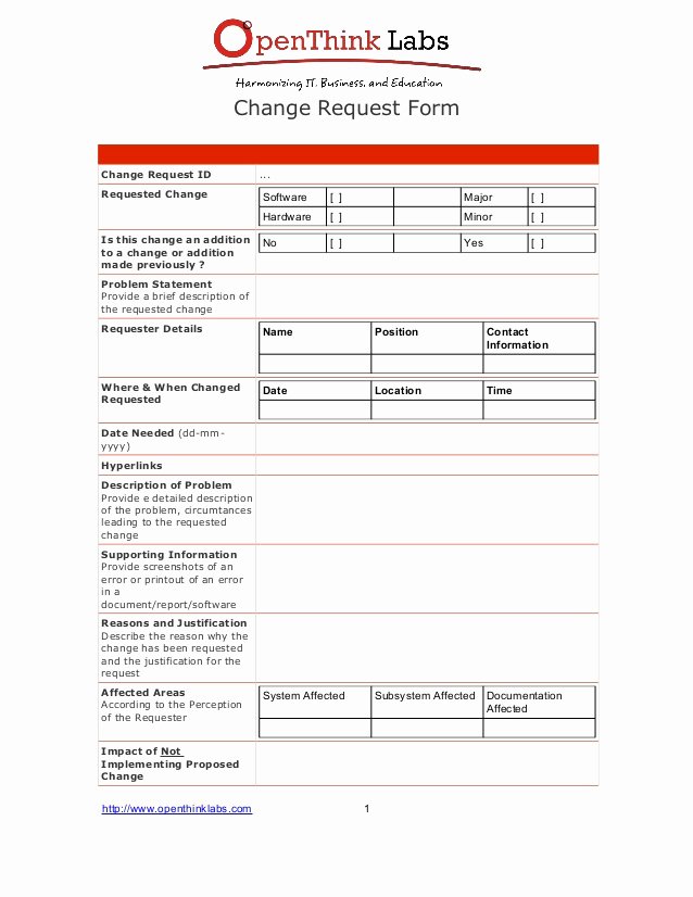 Change Request form Template Excel New software Development Change Request Template
