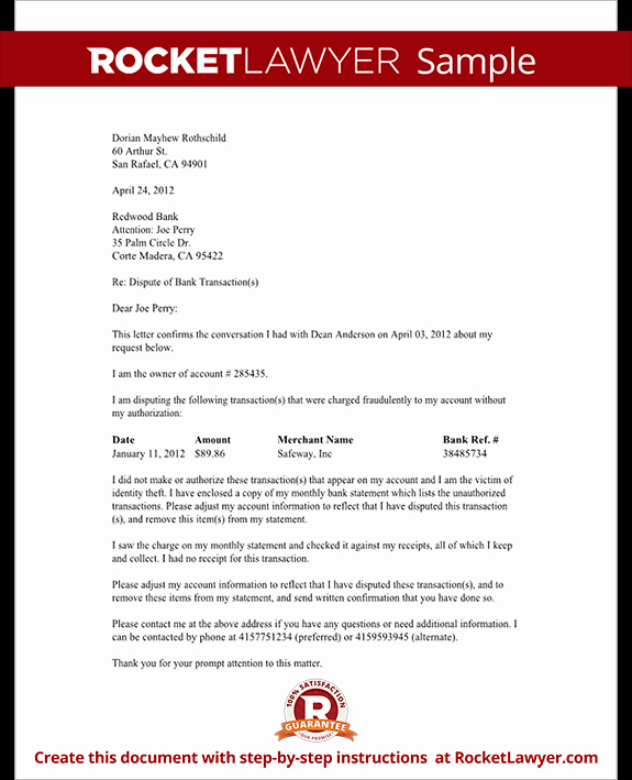Chargeback Rebuttal Letter Template Beautiful Dispute Fraudulent Bank Transaction Letter with Sample