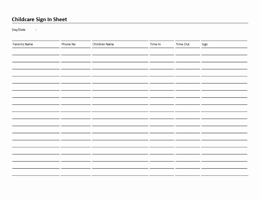 Child Care Sign In Sheets Inspirational Free Childcare Sign In Sheet 6 Columns Landscape