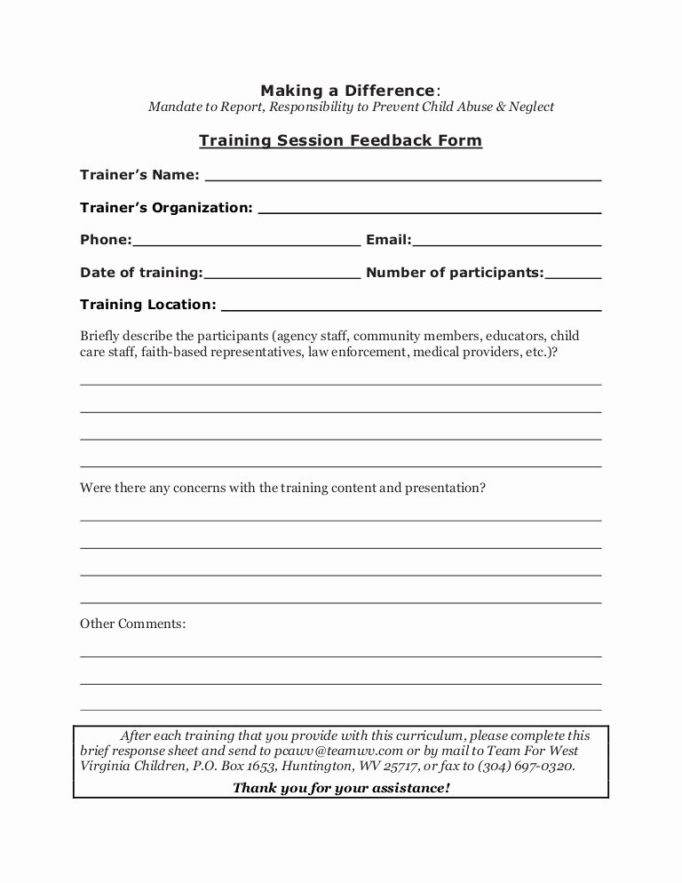 Child Care Staff Evaluation form Beautiful Training Session Feedback form