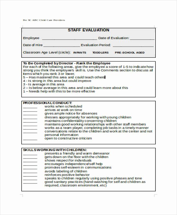 Child Care Staff Evaluation form Best Of Self Evaluation form Templates