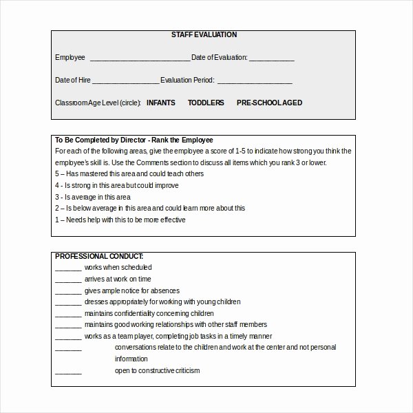 Child Care Staff Evaluation form Inspirational 18 Sample Teacher Evaluation forms