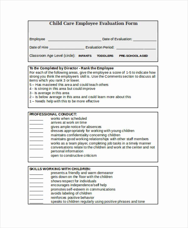 Child Care Staff Evaluation form Lovely 25 Free Employee Evaluation forms
