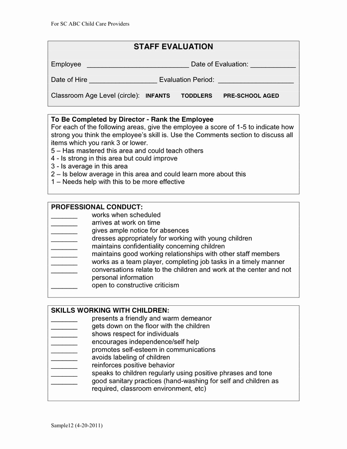 Child Care Staff Evaluation form New Child Care Employee Evaluation In Word and Pdf formats