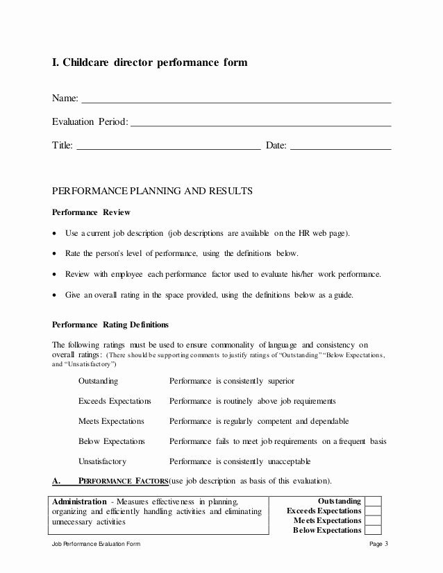 Child Care Staff Evaluation form New Childcare Director Perfomance Appraisal 2