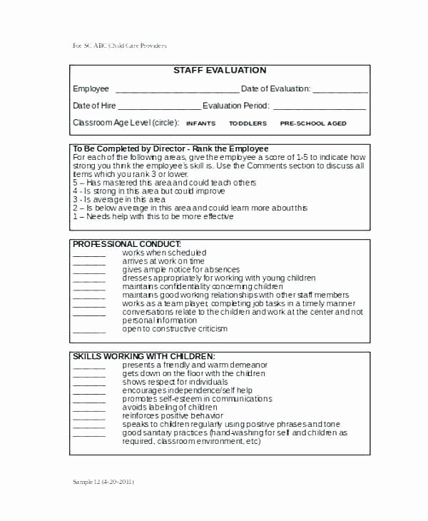 Child Care Staff Evaluation form Unique School Self Evaluation form