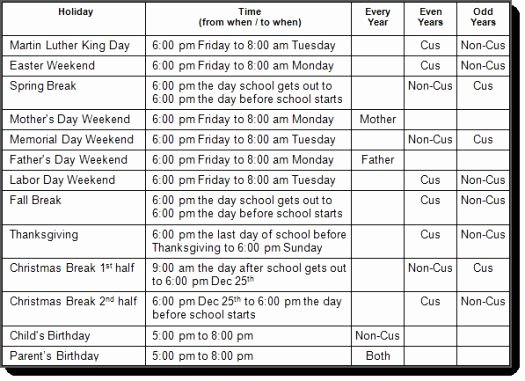 Child Custody Calendar Template Best Of Standard Nevada Holiday Visitation Schedule