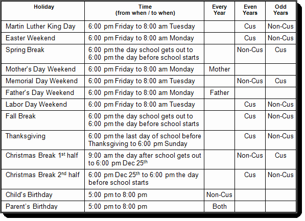 Child Custody Calendar Template Lovely Alabama Custody and Visitation Schedule Guidelines Al