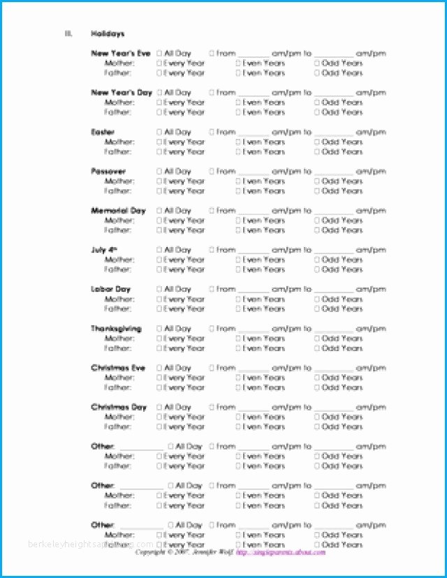 Child Custody Calendar Template Lovely Parenting Agreement Template