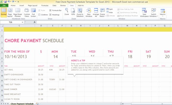 Chore Chart Templates Excel Beautiful Free Chore Payment Schedule Template for Excel 2013