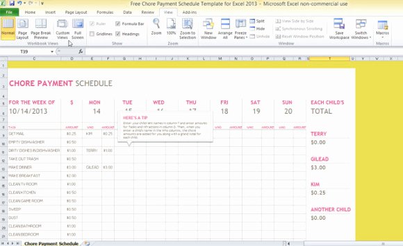 Chore Chart Templates Excel Fresh Free Chore Payment Schedule Template for Excel 2013