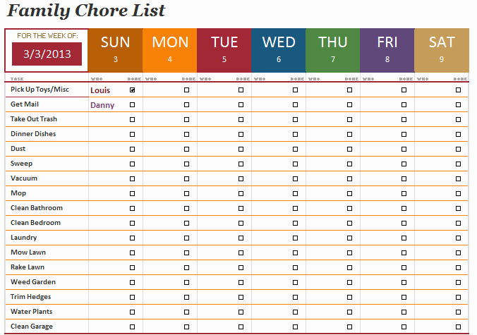 Chore Chart Templates Excel Luxury Family Chore List Template Microsoft Fice Templates