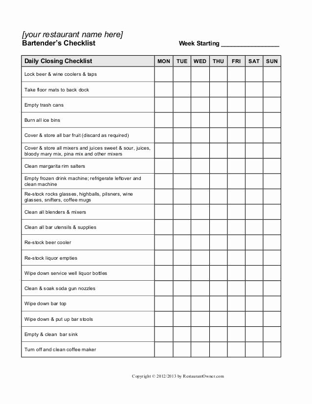 Church Cleaning Checklist Spreadsheet Elegant Restaurant Manager Opening and Closing Checklist