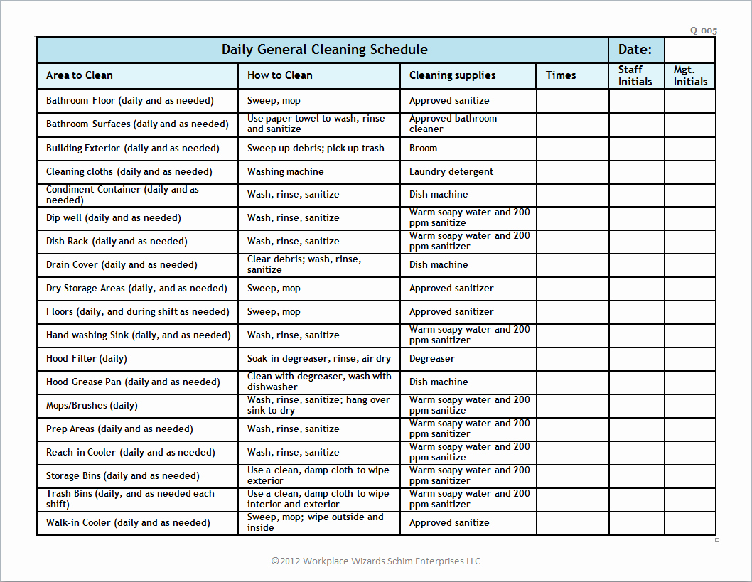 Church Cleaning Checklist Spreadsheet Lovely Restaurant Cleaning Schedule Workplace Wizards