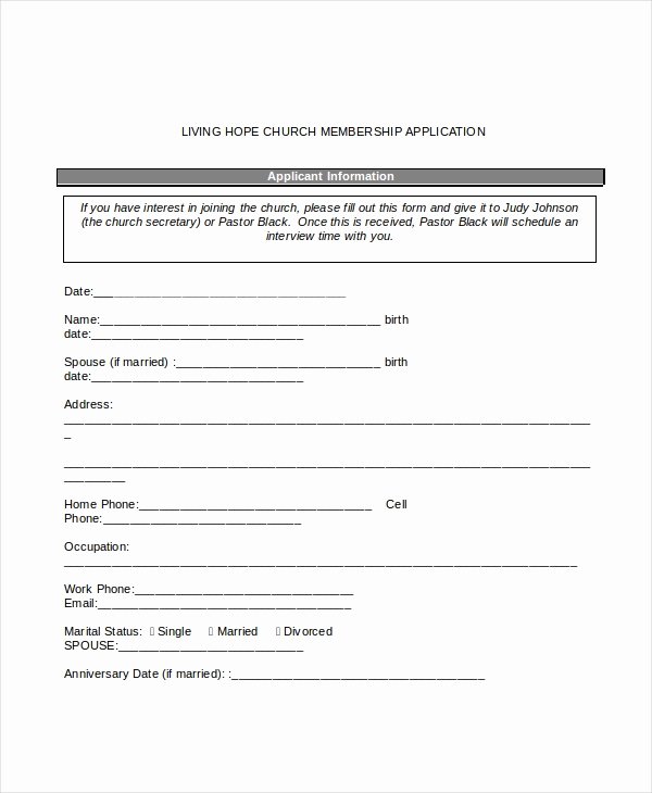 Church Membership form Beautiful 12 Sample Membership Application forms