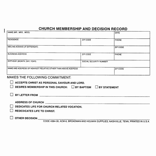 Church Membership form Lovely form Church Membership Decision Record Pkg Of 100