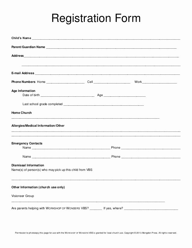 Church Registration form Awesome Registration form Vbs