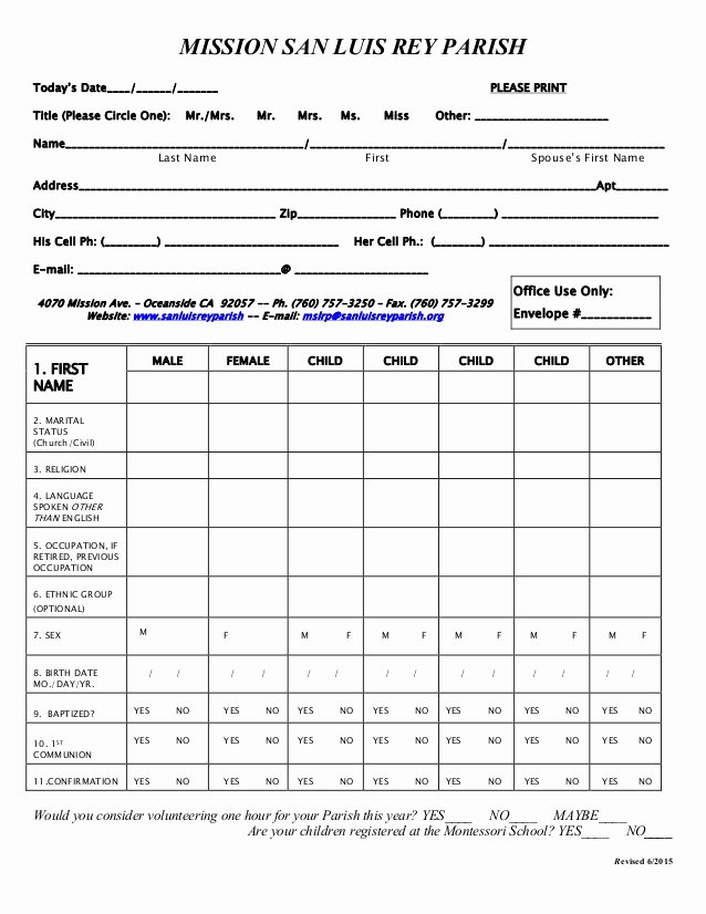 Church Registration form Beautiful Parish Registration form Revised 2015